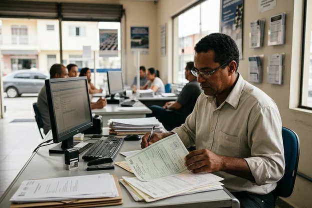 Despachante revisando documentos de transferência de veículo em Caraguatatuba.