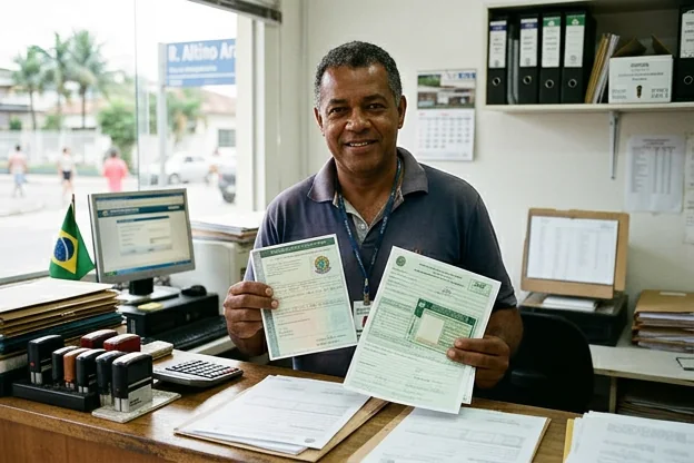 Despachante segurando documentos de licenciamento em Caraguatatuba.