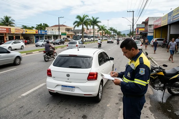 Veículo sendo multado em Caraguatatuba e despachante trabalhando para ajudar.